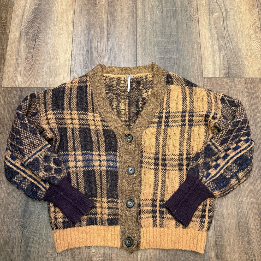 Free People wool blend Sepia Plaid Birchwood Combo Jacquard Oversize Cardigan